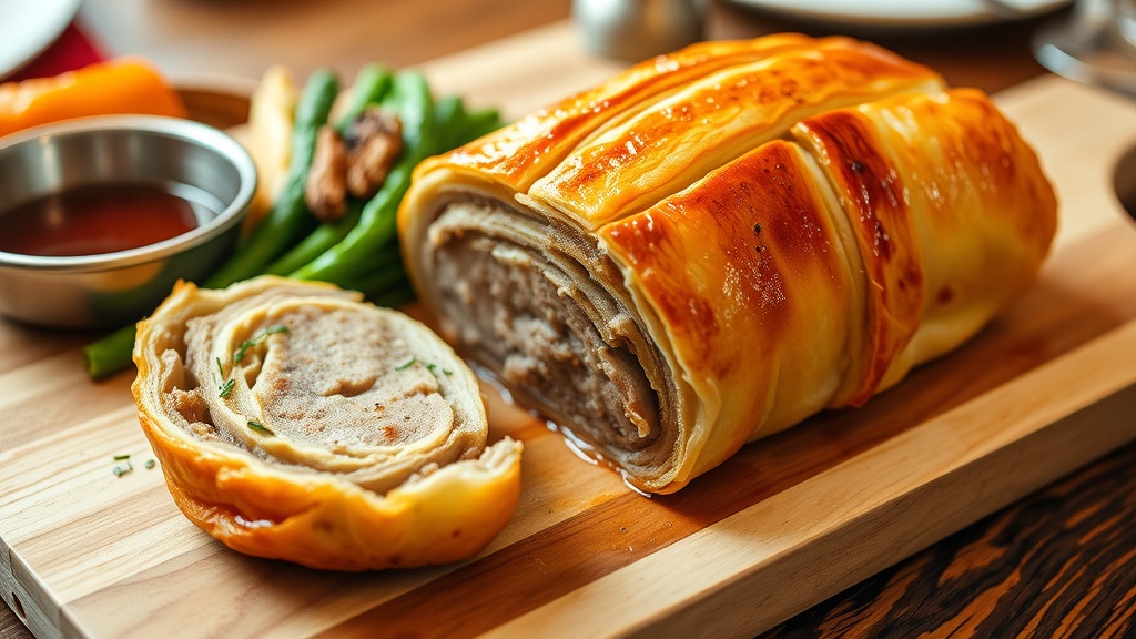 Savory Pork Wellington Recipe Golden-brown Pork Wellington on a wooden board with roasted vegetables and gravy.